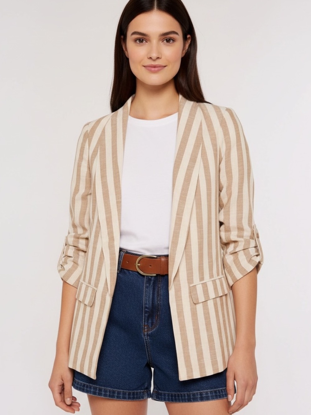NWT Stoosh Buckle Linen Blend Taupe & Cream Striped Open Blazer Size XL